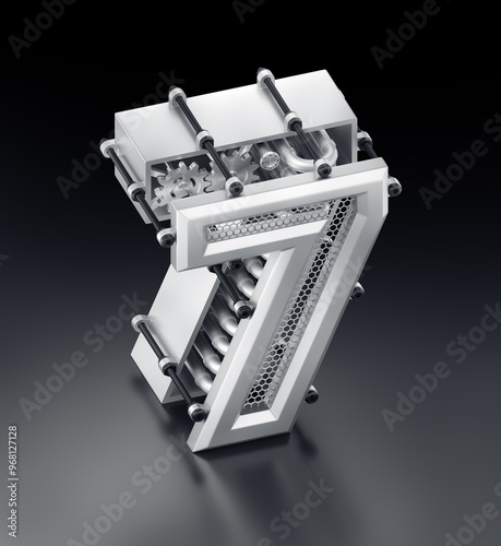 The Number Seven. A 3D digit designed in a modern steampunk style and placed on a reflective dark background. 3d rendering graphics in isometric projection.