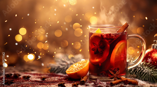 A glass of mulled wine with orange slices, cinnamon sticks, and star anise floating inside, steam rising gently. The background is a festive holiday market with twinkling lights and snowflakes.  photo