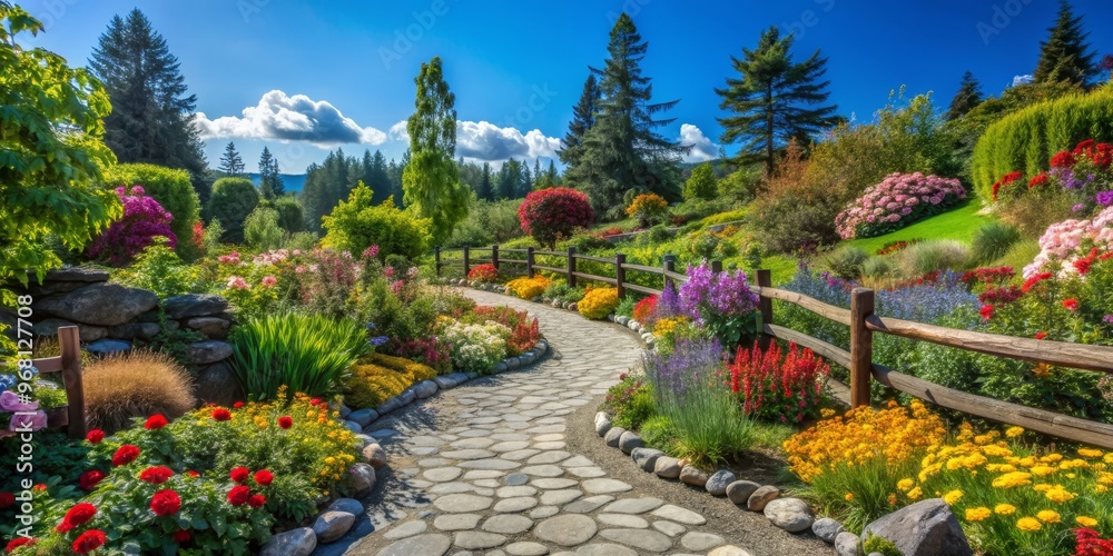 Obraz premium A Colorful Stone Path Winding Through a Lush Garden, Wide Angle, Horizontal Composition, Green Grass, Stone Path, Flowers, Garden
