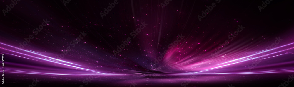 Fototapeta premium Empty neon studio stage, rays, horizon.