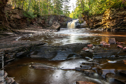 Upper Falls in the morning light.  Amnicon Falls state park, South Range, Wisconsin, USA. photo