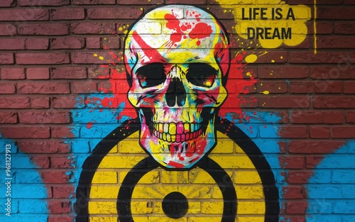 Skull with Graffiti Edgy Urban Art with Vibrant Colors and Street Patterns photo