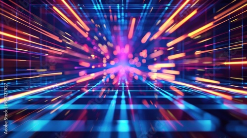 Abstract digital art with neon lights and glowing grid