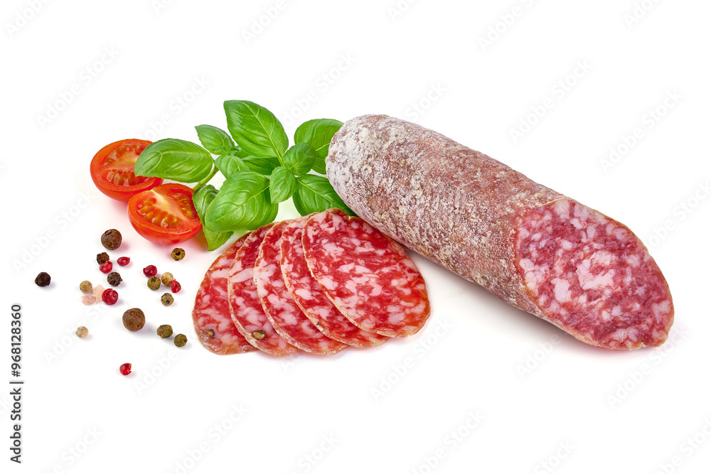 Cured winter salami sausage, Italian cuisine, isolated on white background Cured winter salami sausage, Italian cuisine, isolated on white background