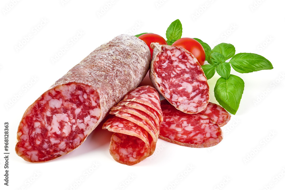 Cured winter salami sausage, Italian cuisine, isolated on white background Cured winter salami sausage, Italian cuisine, isolated on white background