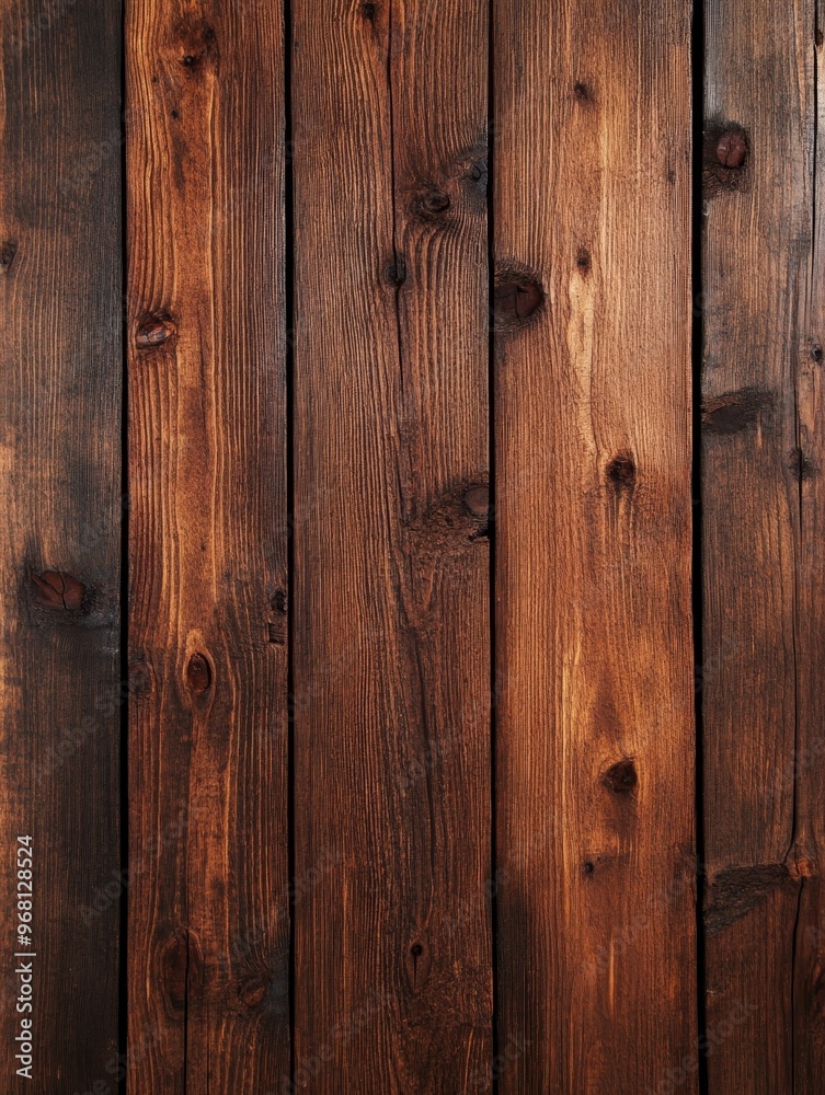 A close-up of weathered wooden planks, showcasing the natural beauty of wood grain, knots, and imperfections. The dark brown color adds a vintage and rustic feel, perfect for creating a warm and invit A close-up of weathered wooden planks, showcasing the natural beauty of wood grain, knots, and imperfections. The dark brown color adds a vintage and rustic feel, perfect for creating a warm and invit