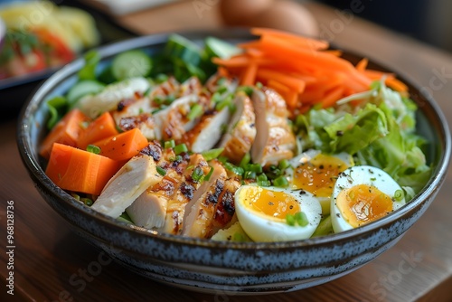 Colorful Chicken Salad Bowl with Fresh Vegetables and Soft-Boiled Eggs