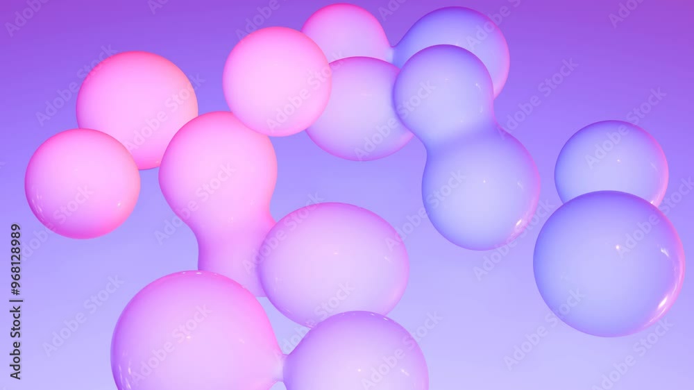 Light pink and blue liquid spheres and drops rotating on violet background Light pink and blue liquid spheres and drops rotating on violet background