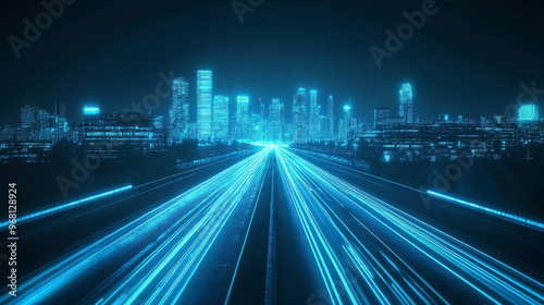 A glowing neon highway cuts through a modern city at night. The straight road stretches into the distance, giving a futuristic feel.