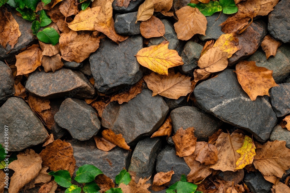 A close-up shot of a textured stone and fallen autumn leaves. The brown and orange leaves are scattered over the rough, grey stones, creating a beautiful natural pattern. The image evokes feelings of A close-up shot of a textured stone and fallen autumn leaves. The brown and orange leaves are scattered over the rough, grey stones, creating a beautiful natural pattern. The image evokes feelings of
