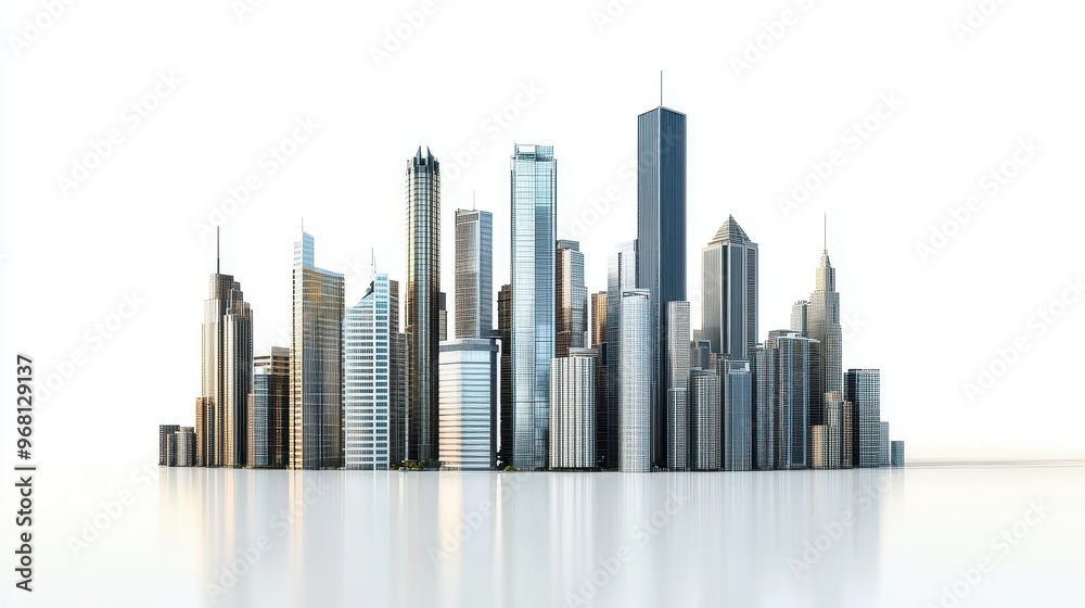 Modern City Skyline with Reflective Surface Modern City Skyline with Reflective Surface
