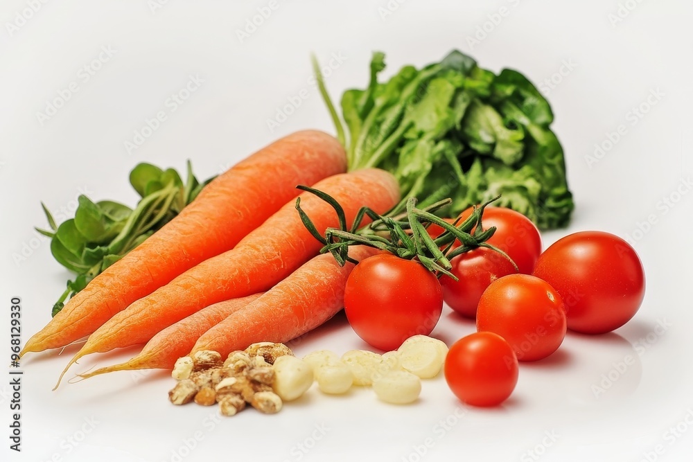 A close-up shot showcasing a selection of fresh, vibrant carrots, tomatoes, and leafy greens, symbolizing the importance of a balanced diet with a focus on whole foods and natural ingredients. A close-up shot showcasing a selection of fresh, vibrant carrots, tomatoes, and leafy greens, symbolizing the importance of a balanced diet with a focus on whole foods and natural ingredients.