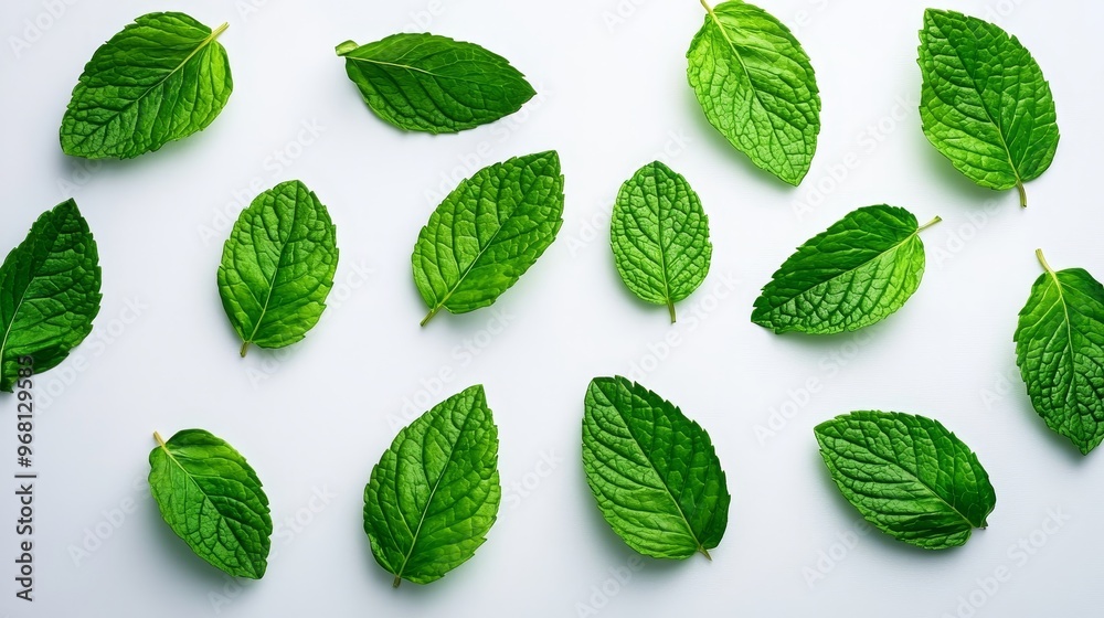A collection of fresh mint leaves arranged on a white background. The leaves are green and vibrant, representing freshness, purity, and the natural world. Mint is often associated with relaxation, rej A collection of fresh mint leaves arranged on a white background. The leaves are green and vibrant, representing freshness, purity, and the natural world. Mint is often associated with relaxation, rej