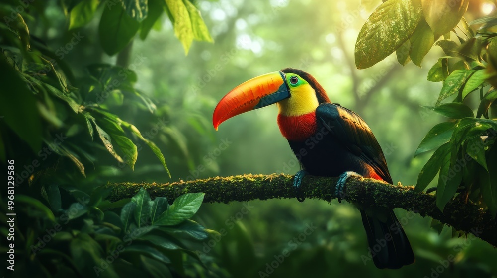 A colorful toucan perches on a branch in a lush, misty rainforest. The toucan's vibrant colors stand out against the green foliage, symbolizing life, beauty, and the tropics. The mist adds a sense of A colorful toucan perches on a branch in a lush, misty rainforest. The toucan's vibrant colors stand out against the green foliage, symbolizing life, beauty, and the tropics. The mist adds a sense of