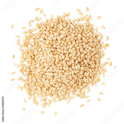 A close-up of sesame seeds, scattered on a black background.