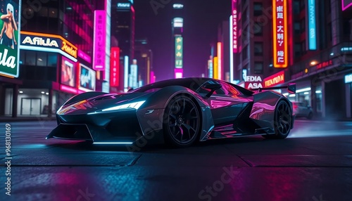 Visualize a sleek, futuristic car gliding through the heart of a neon-drenched Chinese cityscape at night. The vehicle's aerodynamic design reflects vibrant neon lights—electric blues, fiery pinks, an photo