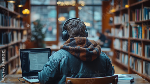 A student attending an online lecture, with a laptop and headphones set up on a desk in a quiet study space.