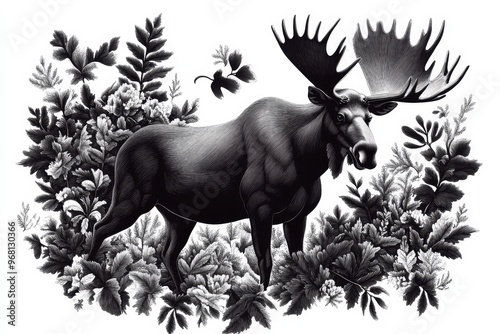 A detailed pen and ink illustration of a majestic moose standing in a dense forest setting, symbolizing nature, strength, tranquility, wildlife, and the beauty of the natural world.