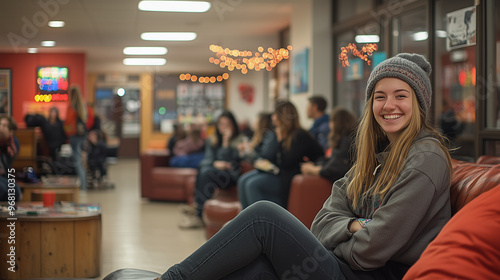 Students enjoying a lively student party in a dorm common area, with music playing and conversations buzzing.