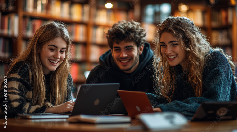Students gathered around a table in a library, with laptops and textbooks spread out as they prepare for a group presentation. Students gathered around a table in a library, with laptops and textbooks spread out as they prepare for a group presentation.