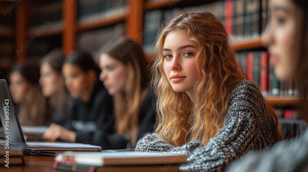 Students gathered around a table in a library, with laptops and textbooks spread out as they prepare for a group presentation.
