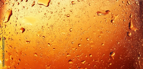 An orange background with sun rays shining through the glass of a beer bottle. Large droplets on the surface of a beer bottle. beer foam texture