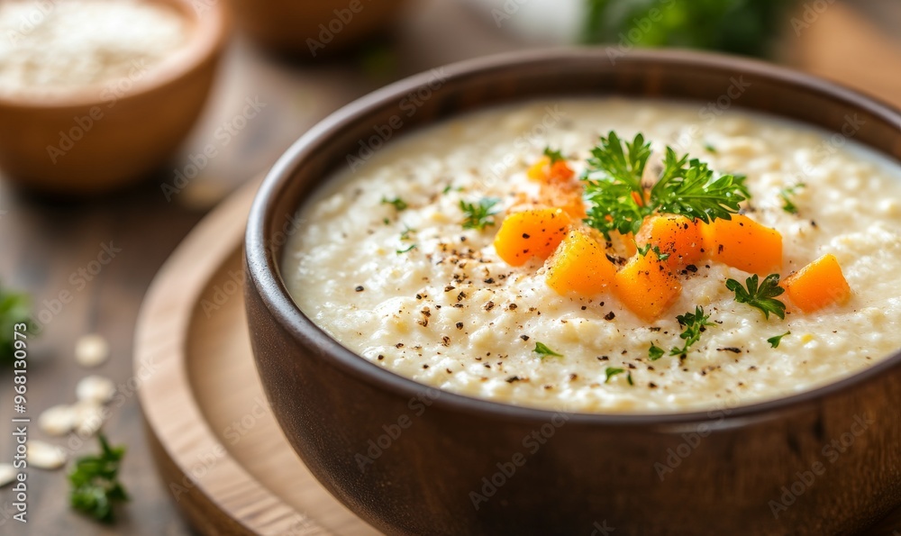 A Bowl of Creamy Soup With Pumpkin and Parsley A Bowl of Creamy Soup With Pumpkin and Parsley