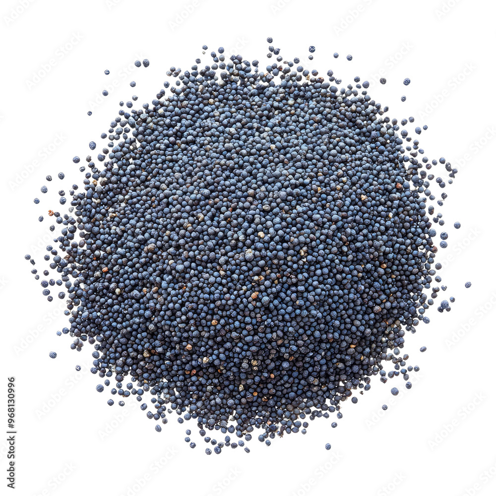 Close-up of a pile of small, dark blue poppy seeds. Close-up of a pile of small, dark blue poppy seeds.