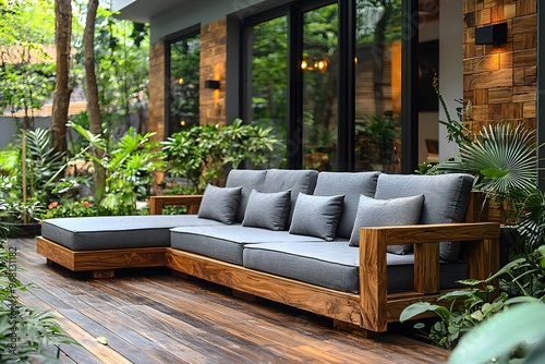 Modern outdoor lounge with teak wood sofa surrounded by lush greenery on a wooden deck