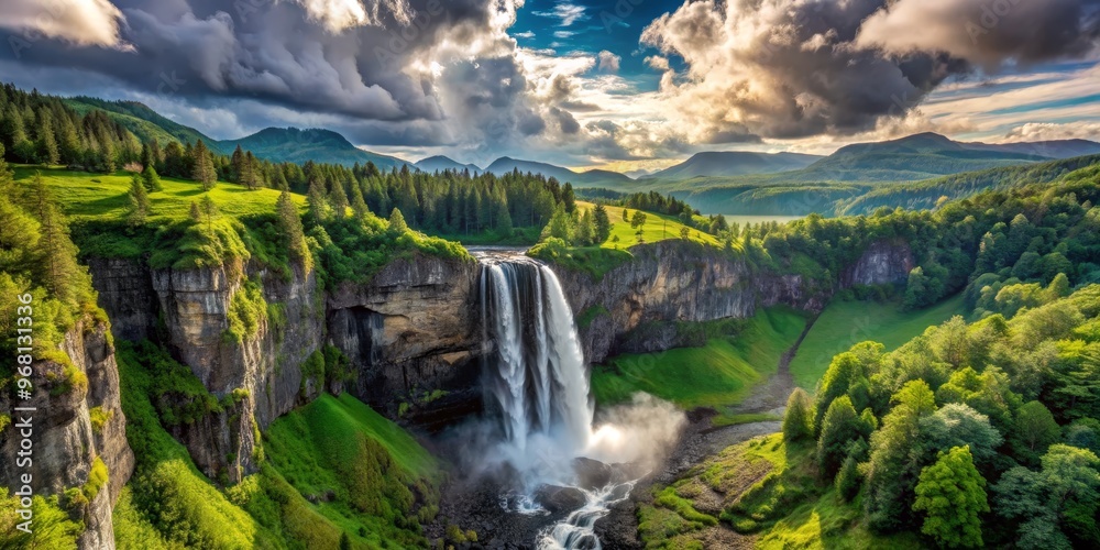 Fototapeta premium Aerial View of a Majestic Waterfall Cascading Through a Verdant Valley, Waterfall, Nature, Landscape