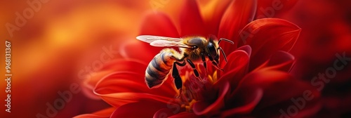 A honeybee, with its delicate wings, gathers pollen from a stunning red flower. The image symbolizes nature's intricate beauty, the delicate dance of pollination, the importance of bees in the ecosyst photo