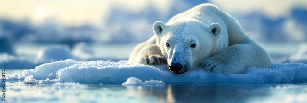 A lone polar bear rests on a small piece of ice, symbolizing the effects of climate change on Arctic wildlife. The bear's weary posture and the fragile ice sheet evoke a sense of vulnerability and the A lone polar bear rests on a small piece of ice, symbolizing the effects of climate change on Arctic wildlife. The bear's weary posture and the fragile ice sheet evoke a sense of vulnerability and the