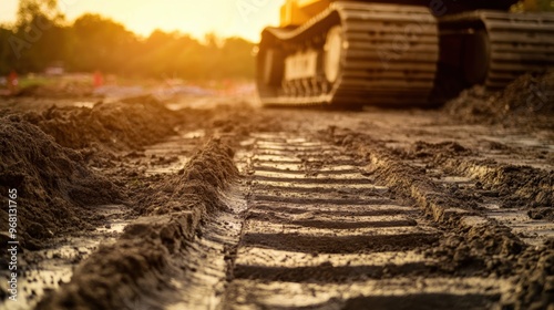 Construction machinery tracks on muddy ground during sunset at a building site photo