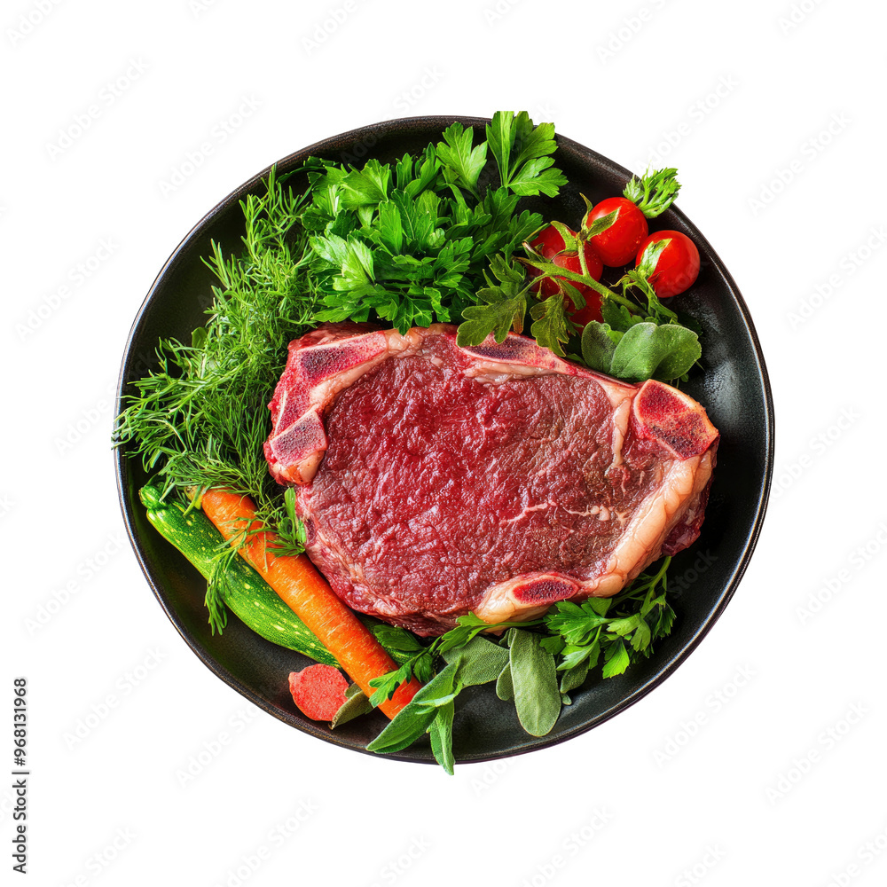 Fototapeta premium Raw Steak with Vegetables on a Black Plate