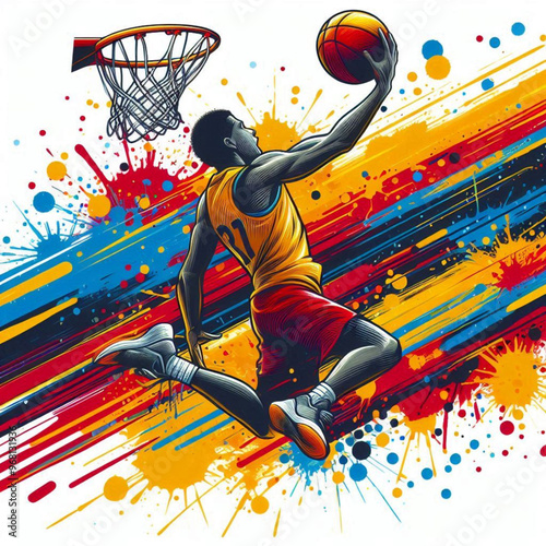 Vibrant basketball player leaping towards hoop with colorful splashes

