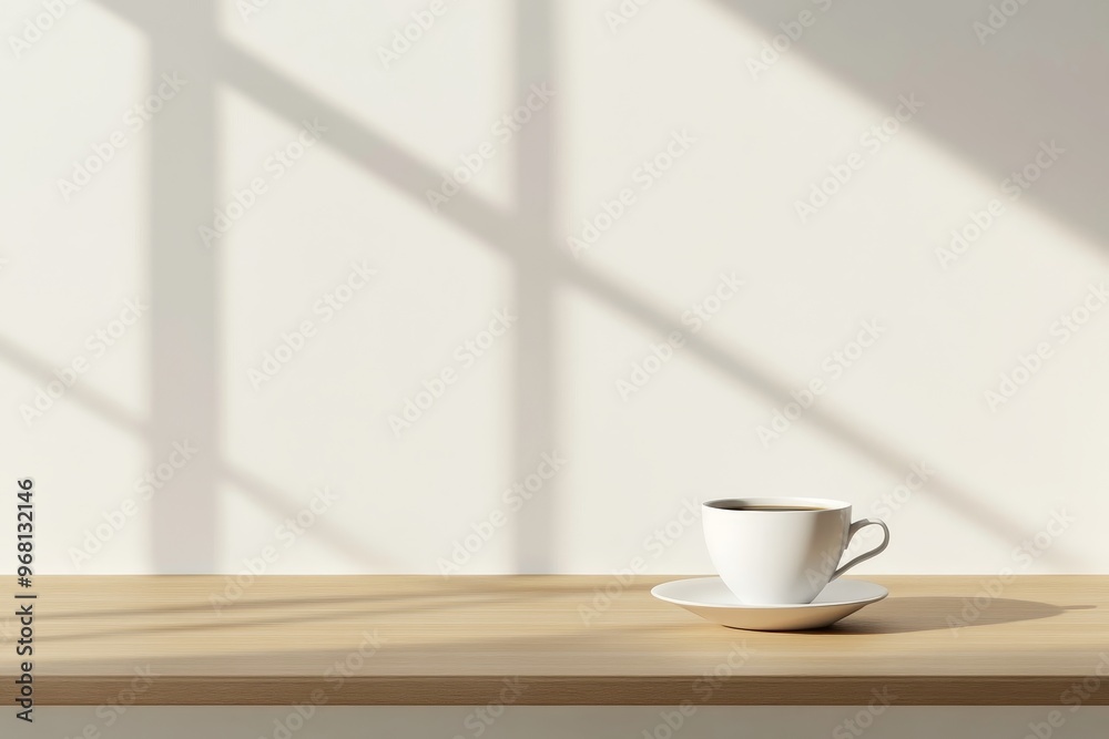 A minimalist interior design showcasing a coffee cup placed on a wooden table. Sunlight streams through a window, casting soft shadows on the white wall. The scene evokes feelings of tranquility, simp A minimalist interior design showcasing a coffee cup placed on a wooden table. Sunlight streams through a window, casting soft shadows on the white wall. The scene evokes feelings of tranquility, simp