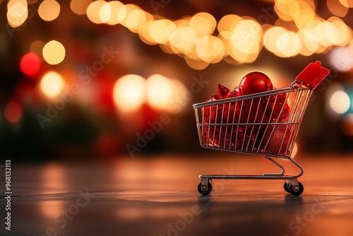 A miniature shopping cart filled with Christmas ornaments sits on a wooden surface with a bokeh background of twinkling lights, symbolizing the excitement and spirit of Black Friday shopping, the holi