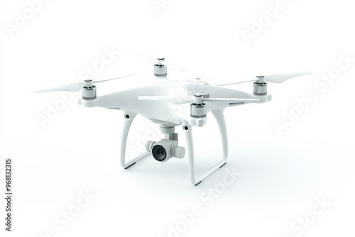 A modern white drone with four propellers and a camera, isolated against a clean white background. The drone symbolizes innovation, technology, aerial photography, exploration, and the future of fligh photo