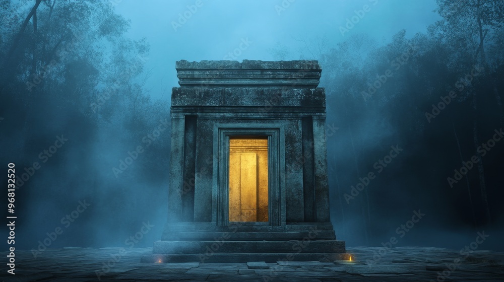 Naklejka premium A mysterious ancient temple with a glowing doorway stands alone in a misty forest at night. The temple evokes a sense of mystery, spirituality, and the passage of time. The glow from the doorway sugg