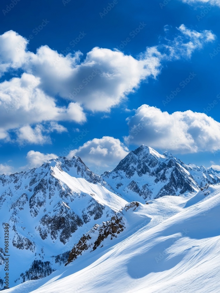 Fototapeta premium A panoramic view of snow-capped mountains rising towards a brilliant blue sky dotted with fluffy white clouds. The image evokes a sense of peace, tranquility, and the awe-inspiring beauty of nature.
