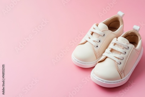 A pair of cute, cream-colored baby shoes with white laces sit on a pink background. They represent innocence, new beginnings, growth, and the joy of childhood.