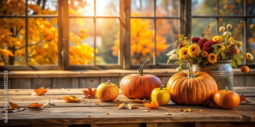 Fototapeta Naklejka Na Ścianę i Meble -  Autumnal Tabletop with Pumpkins, Leaves, and a Window View, fall , thanksgiving, autumn