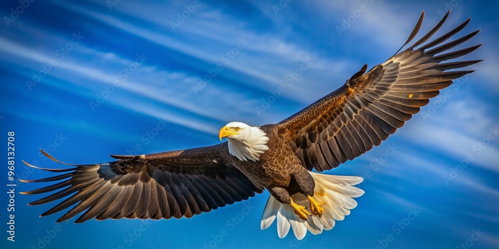 Obraz premium Bald Eagle Soaring Through the Sky, with Wings Spread Wide, American symbol, bird of prey, wildlife photography