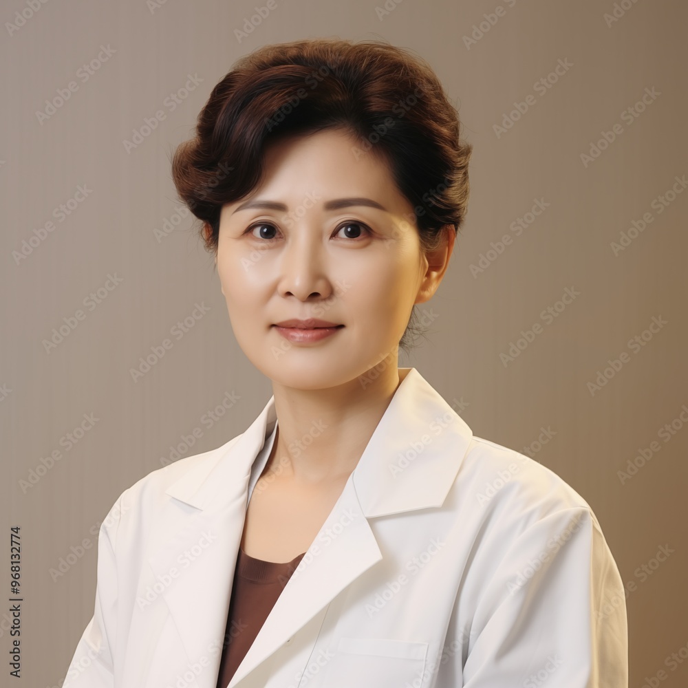 Portrait of an older Asian female doctor in a white coat, head and shoulders view, against a neutral background. Professional and trustworthy appearance, concept for healthcare, medical services, and Portrait of an older Asian female doctor in a white coat, head and shoulders view, against a neutral background. Professional and trustworthy appearance, concept for healthcare, medical services, and
