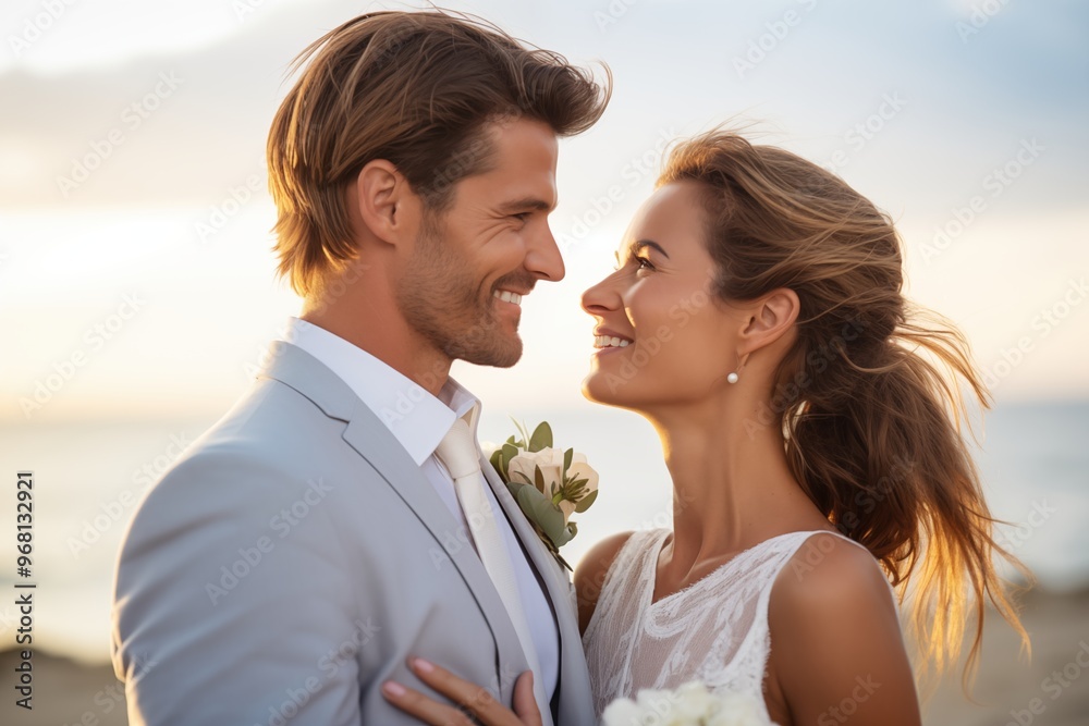 Happy wedding couple at sunset, head and shoulder view, elegantly dressed in wedding attire, smiling and facing each other. Concept for love, romance, and wedding joy in warm, natural tones Happy wedding couple at sunset, head and shoulder view, elegantly dressed in wedding attire, smiling and facing each other. Concept for love, romance, and wedding joy in warm, natural tones