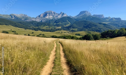 Scenic Landscape: Clear Blue Sky, Meadow, and Path Leading to Majestic Mountains