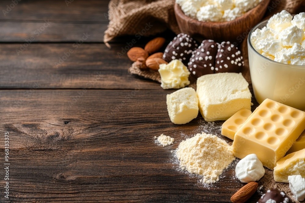 A selection of dairy products and baking ingredients, including milk, butter, cream, almonds, and chocolate, arranged on a rustic wooden surface. These ingredients are perfect for creating a variety o A selection of dairy products and baking ingredients, including milk, butter, cream, almonds, and chocolate, arranged on a rustic wooden surface. These ingredients are perfect for creating a variety o