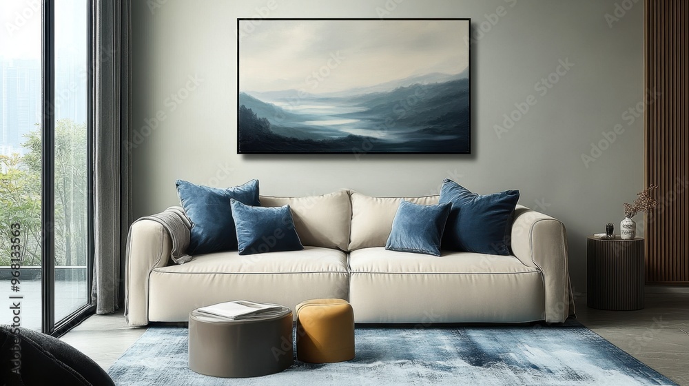 Fototapeta premium mindful home decor, a peaceful landscape artwork hanging on the wall brings serenity to the room, ideal for fostering mindfulness and relaxation