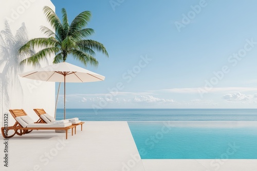 A serene and inviting tropical poolside scene with two lounge chairs under an umbrella, perfect for relaxation and enjoying breathtaking ocean views. The scene evokes a sense of tranquility, luxury, a