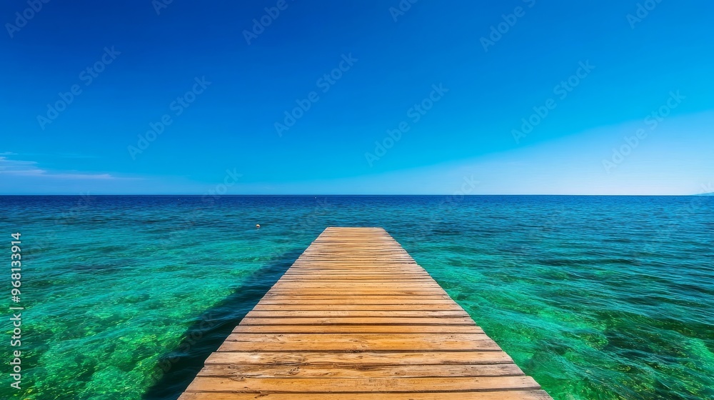 Fototapeta premium A serene wooden pier stretches out towards the horizon, disappearing into the breathtaking turquoise waters. The clear sky and calm sea evoke a sense of tranquility and peace.